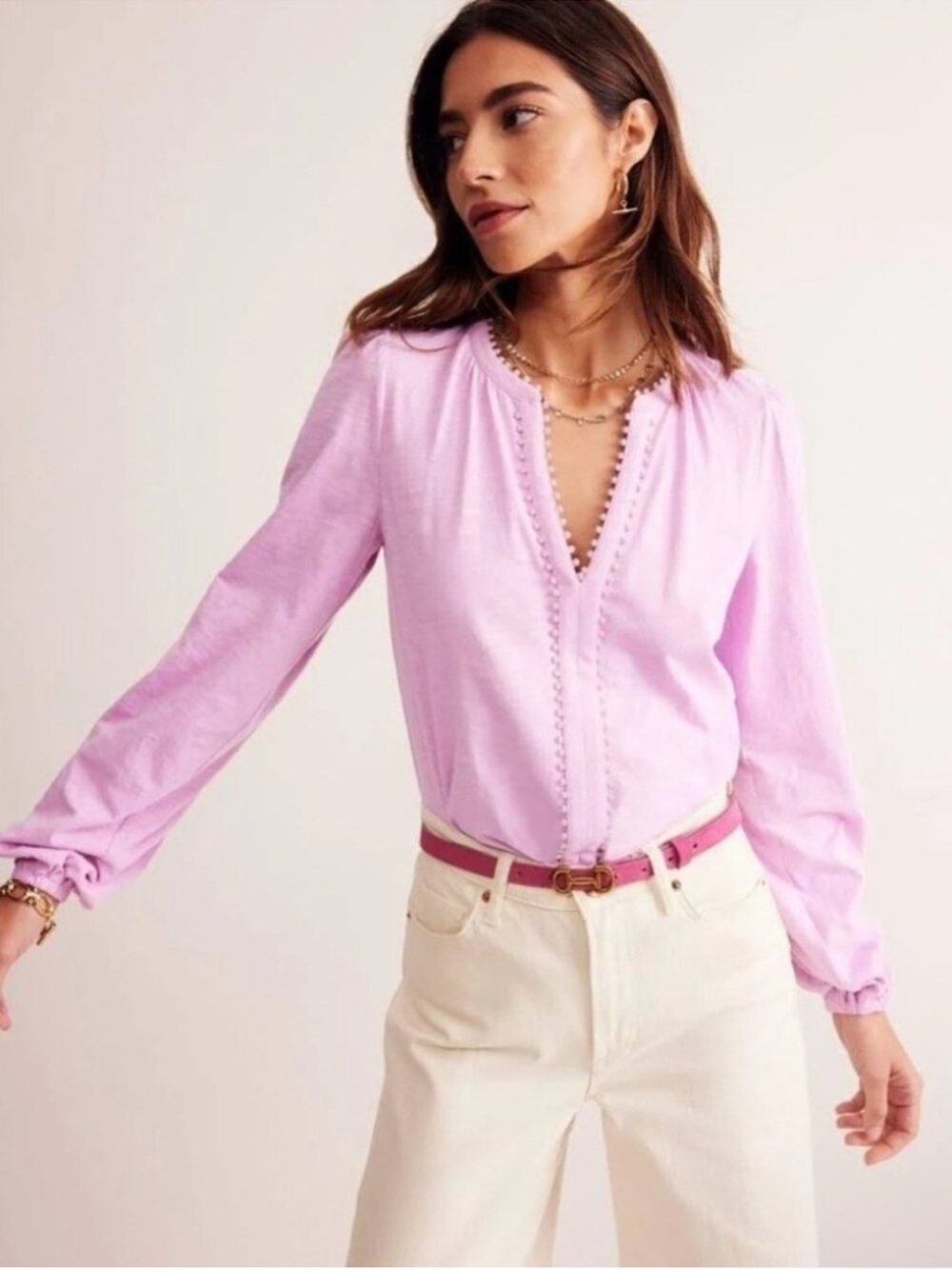 Boden Ali Long Sleeve Pom Top Pink Long Sleeve Sz 8